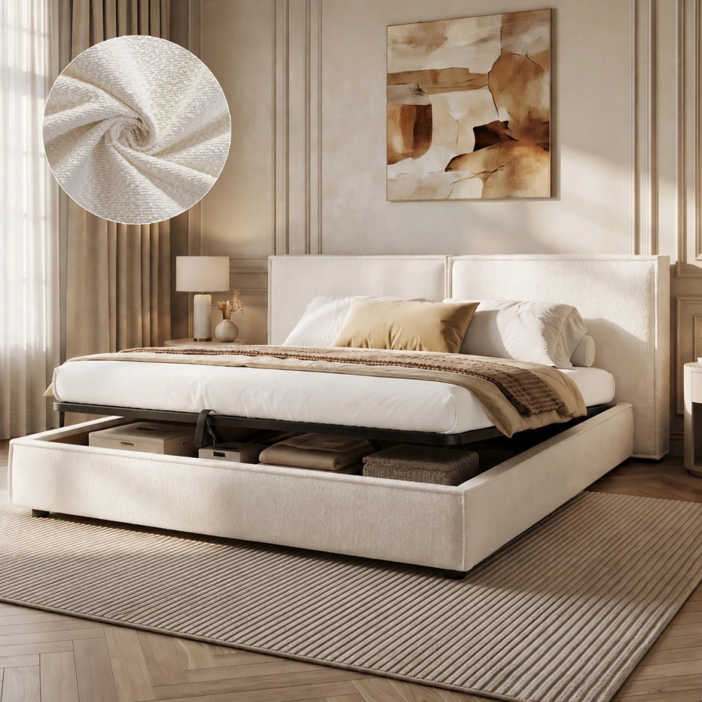 Letto matrimoniale 180x200 cm in Bouclé bianco con contenitore idraulico, rete a doghe e testiera imbottita
