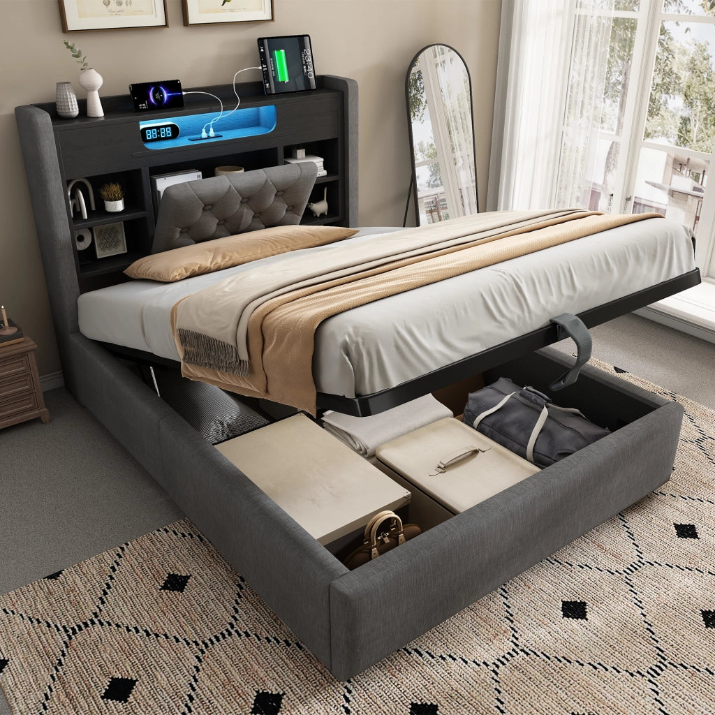 LETTO Contenitore 90x200 cm in lino grigio con LED e USB