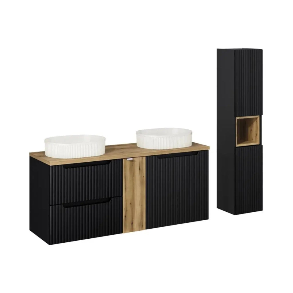Insieme VANO 170cm: mobili sotto lavabo con nicchie a cassetti e armadietti + due lavabi da appoggio scanalati + colonna