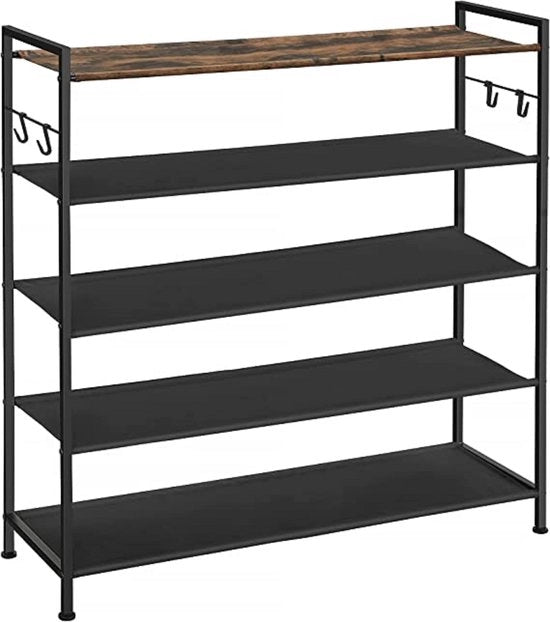 Sistema di conservazione delle scarpe con 5 livelli - Piastra per scarpe in metallo - Pannelli in Oxford - per 20-25 pair di scarpe - 29 x 89 x 92,5 cm - 4 ganci - Cassetto aperto per scarpe per corridoio - Stile rustico marrone e nero
