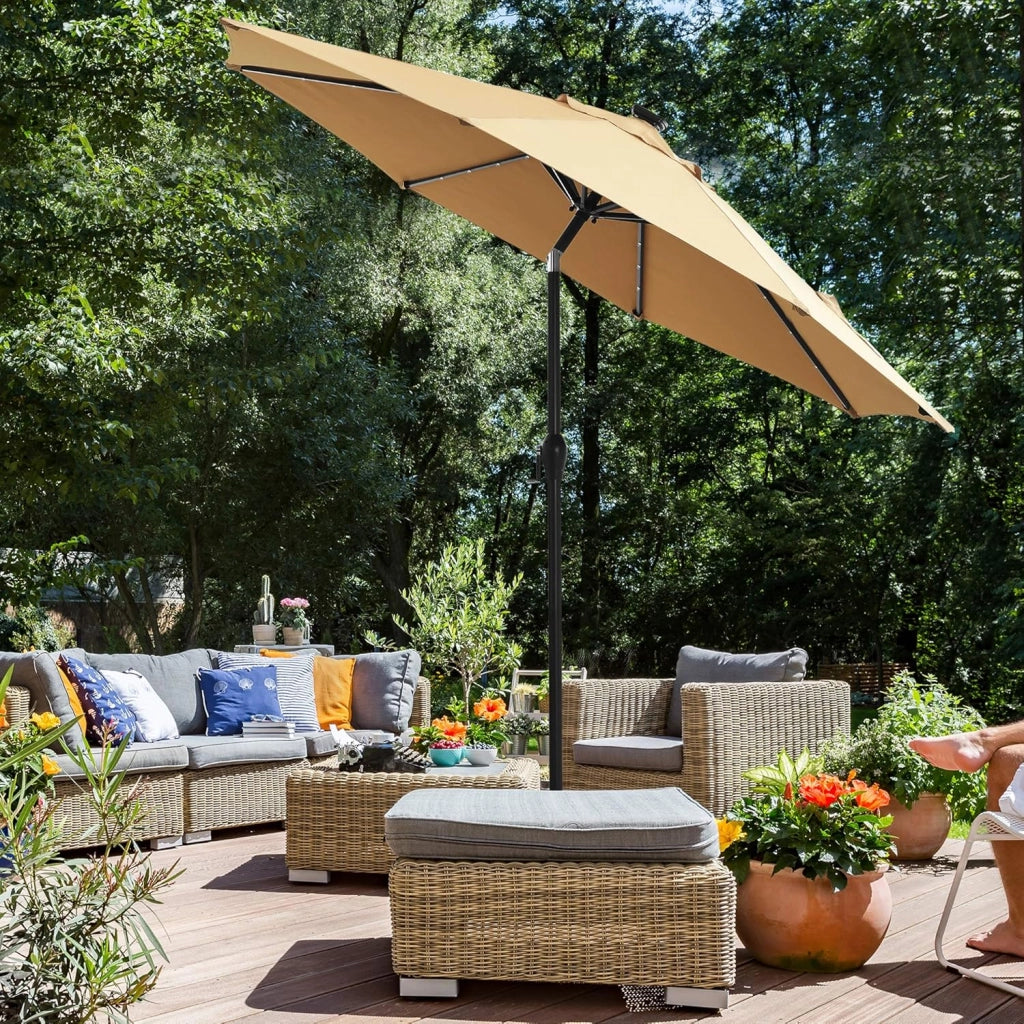 SONGMICS Ombrellone da Giardino 300 cm con 32 Luci a LED a Energia Solare, UPF 50+, Inclinazione Bidirezionale a 30°, Esterno Terrazzo Piscina Balcone, Senza Base, Tortora GPU33BR