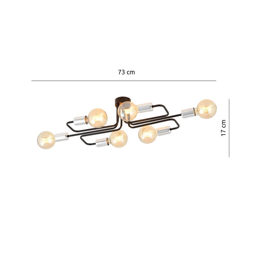 Plafoniera Industriale 6 Luci Diomede In Acciao Nero E Cromo A Bracci