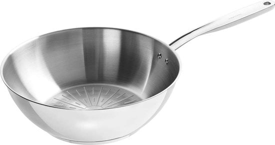 Wok in Acciaio Inox - 28cm - Induzione - Resistente al Forno - Wok di Acciaio Inossidabile per Uso Intenso