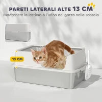Lettiera per Gatti con Bordi Rialzati, Vassoio e Paletta, in Acciaio Inox e PP, 60x40x28 cm, Grigio Chiaro