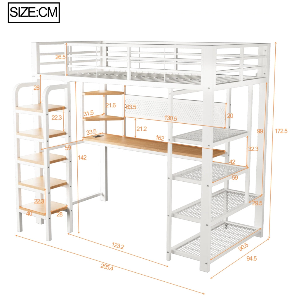 Letto a soppalco in metallo 90x200 cm con LED; scrivania e prese; bianco