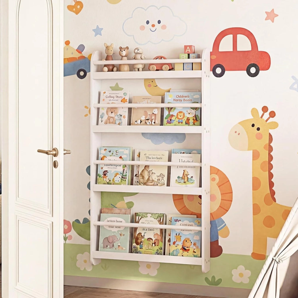 Libreria da Parete per Bambini, Scaffale Portaoggetti a 4 Livelli con Barre di Protezione e Bordi Rialzati, Libreria Salvaspazio per Cameretta per Bambini 3+ Anni, 56 x 12 x 107 cm (Bianco)