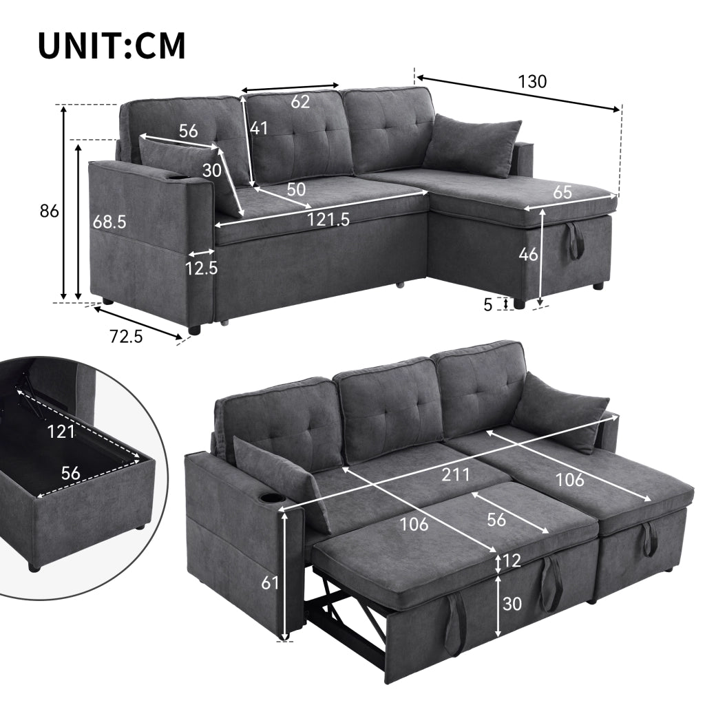 Divano letto angolare con chaise longue reversibile, contenitore e portabicchieri, stile moderno