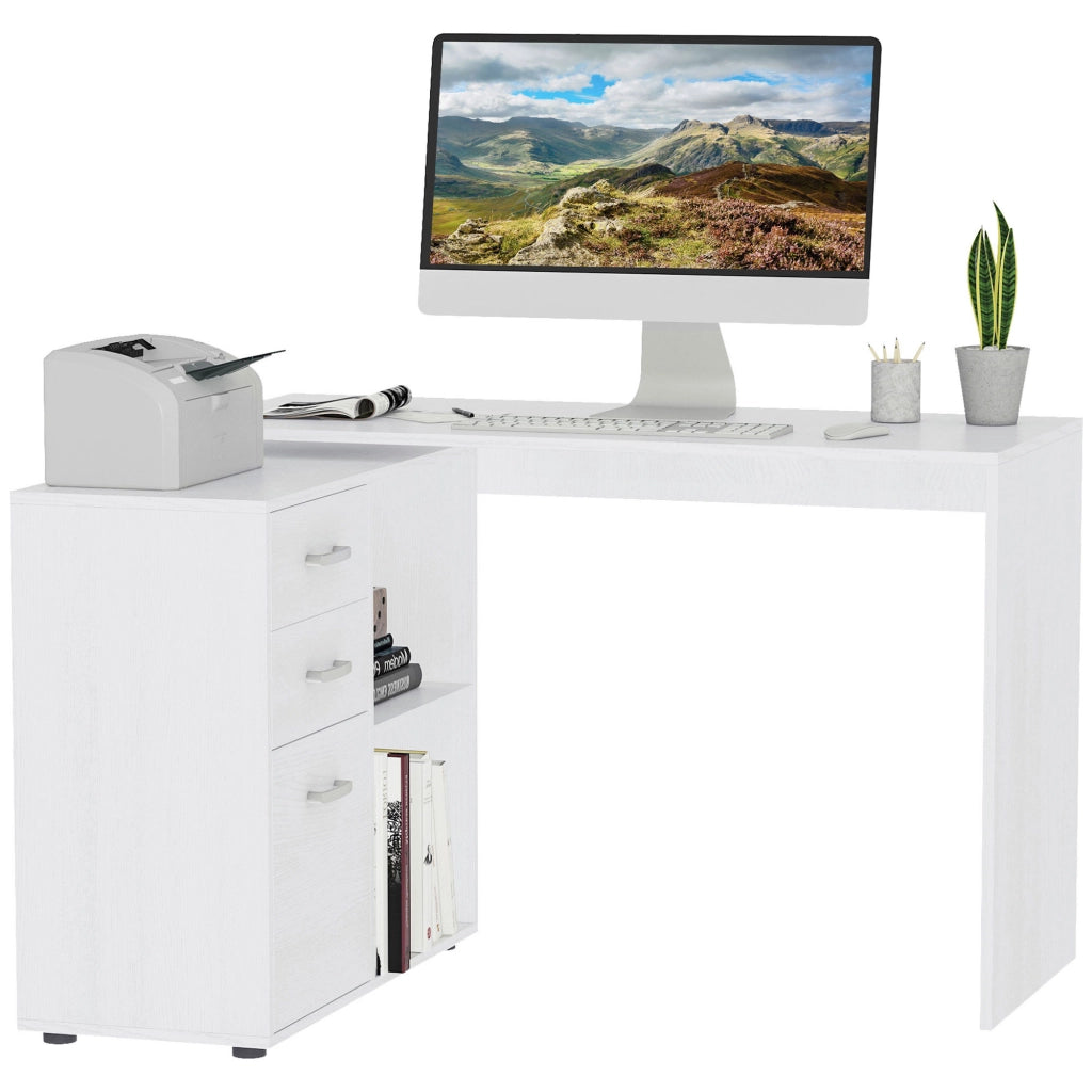 Scrivania angolare e dritta modulabile per computer, in MDF bianco con 3 cassetti e 2 vani, salvaspazio per casa e ufficio