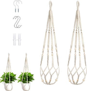 Porta Piante a Maglia in Macramè da 35 Pollici con Ganci in Legno per Interno ed Esterno - Bianco 2-Pack (Vasi e Piante non Inclusi)