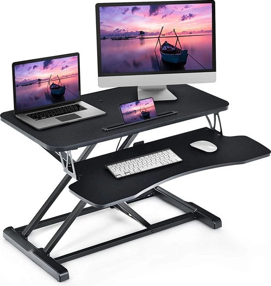 Scrivania da sedere-stand con supporto per tastiera e tablet, poggiatesta con guide per cavi nascoste, supporto per monitor per monitor o laptop (nero)