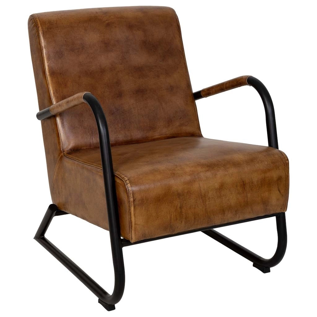 Poltrona in metallo rivestita in pelle marrone, dimensioni 61x70x84 cm