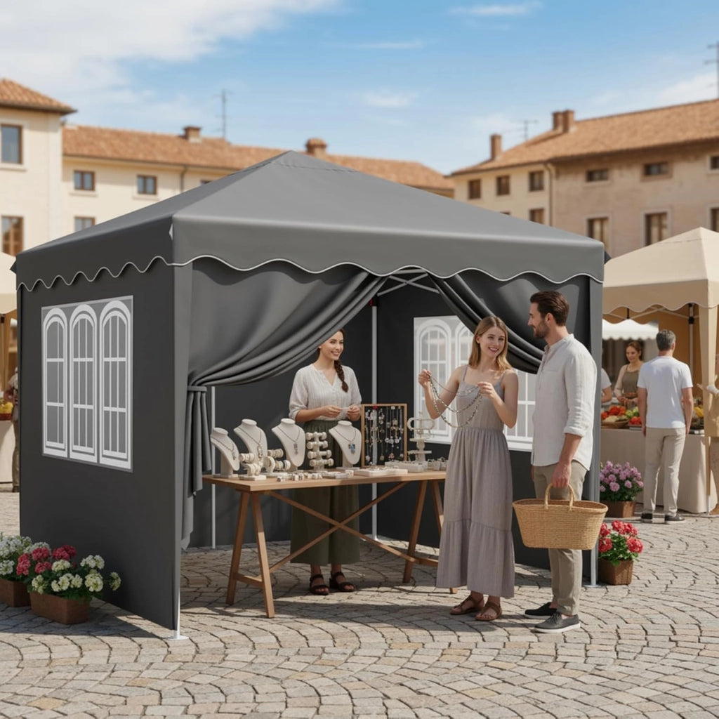 Gazebo 3x3, Tenda de Giardino, Gazebi Pieghevole con Oxford 420D, Pergola Impermeabile, Fête Tente Regolabile in Altezza, Protezione UV 50+, per Spiaggia, Cortile, Giardino, Grigio Scuro