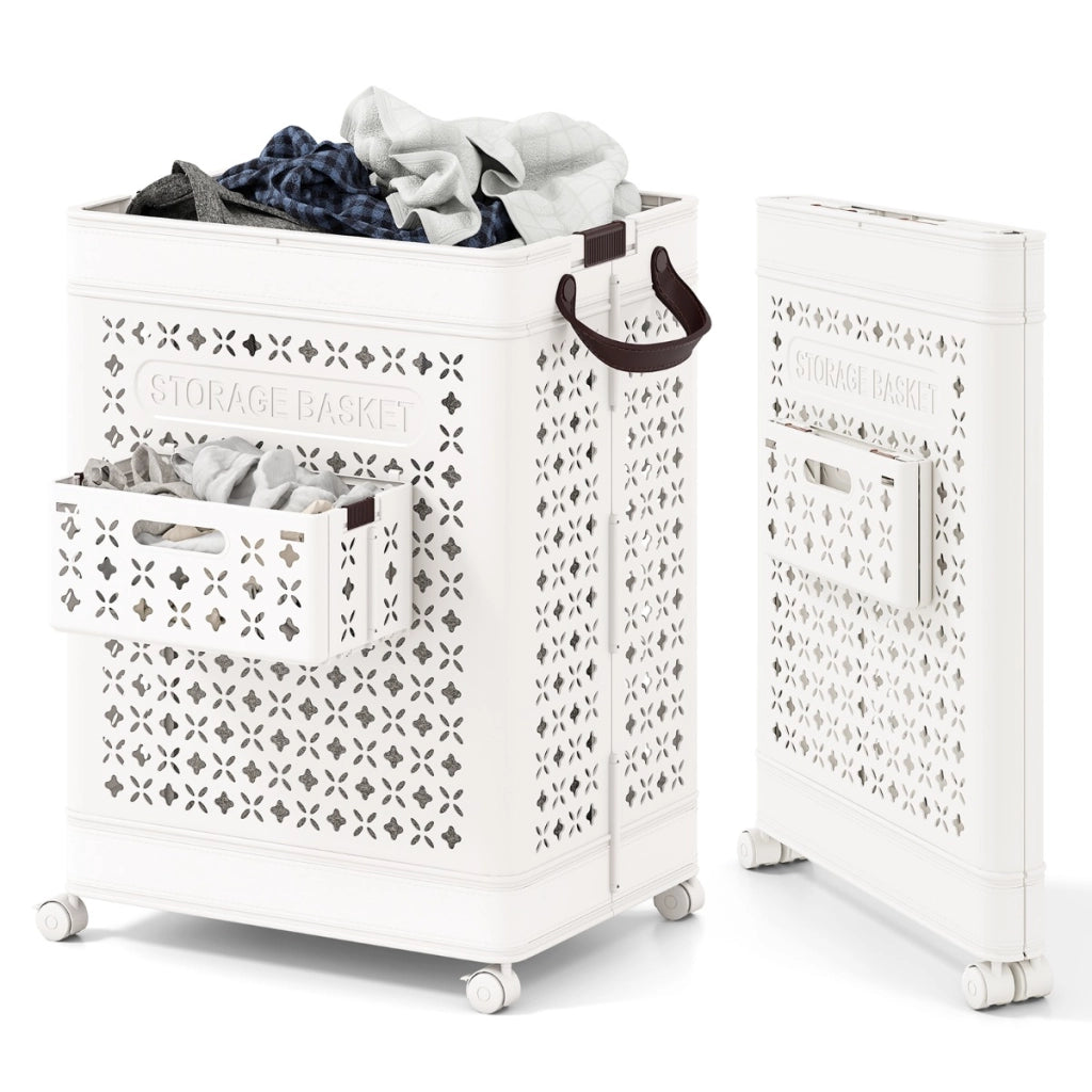 Cesta per biancheria pieghevole con 4 ruote universali, Contenitore di plastica da 75 L con cestino bianco 43,5 x 34 x 61 cm-Cesti del bucato