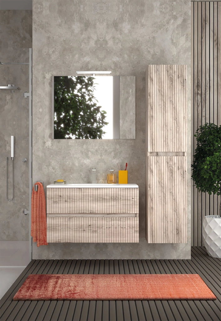 Mobile da Bagno Sospeso con Lavabo 90 cm e Specchio Urano Light Rovere Naturale