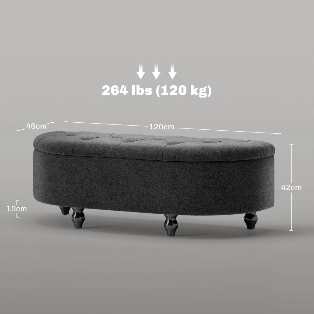 Panca contenitore imbottita in velluto grigio scuro, 120x46x42 cm, con seduta confortevole e gambe in legno