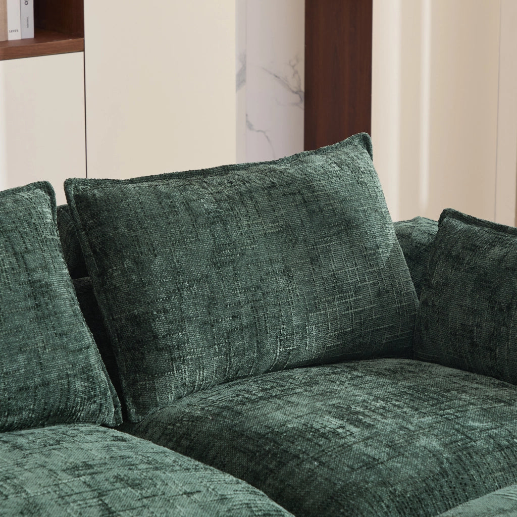 Divano modulare 4 posti con tasche laterali e cuscini in chenille verde per soggiorno e sala d'attesa 322 × 161 × 75 cm