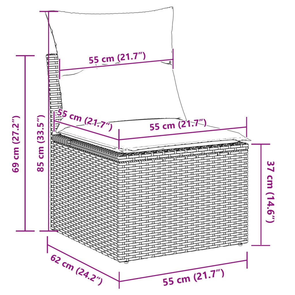 Set da giardino con 9 pezzi e cuscini in grigio poly rattan e acacia