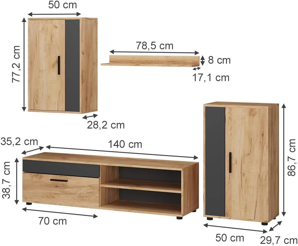 Parete attrezzata Berno, Quercia dorata/antracite, Set di 4, adatto per la conservazione di dispositivi multimediali e accessori