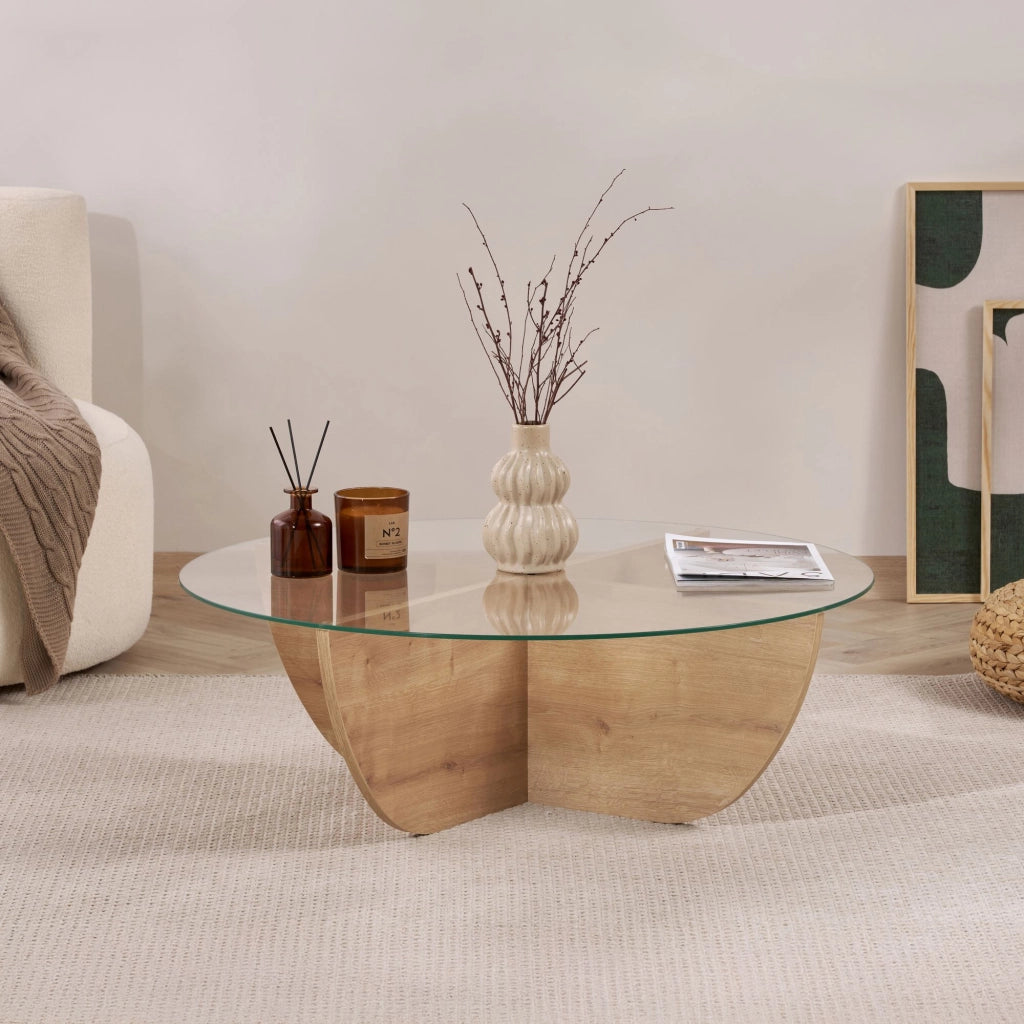 Tavolino in vetro "Liya" 90 x 90 x 30 cm - Rovere zaffiro