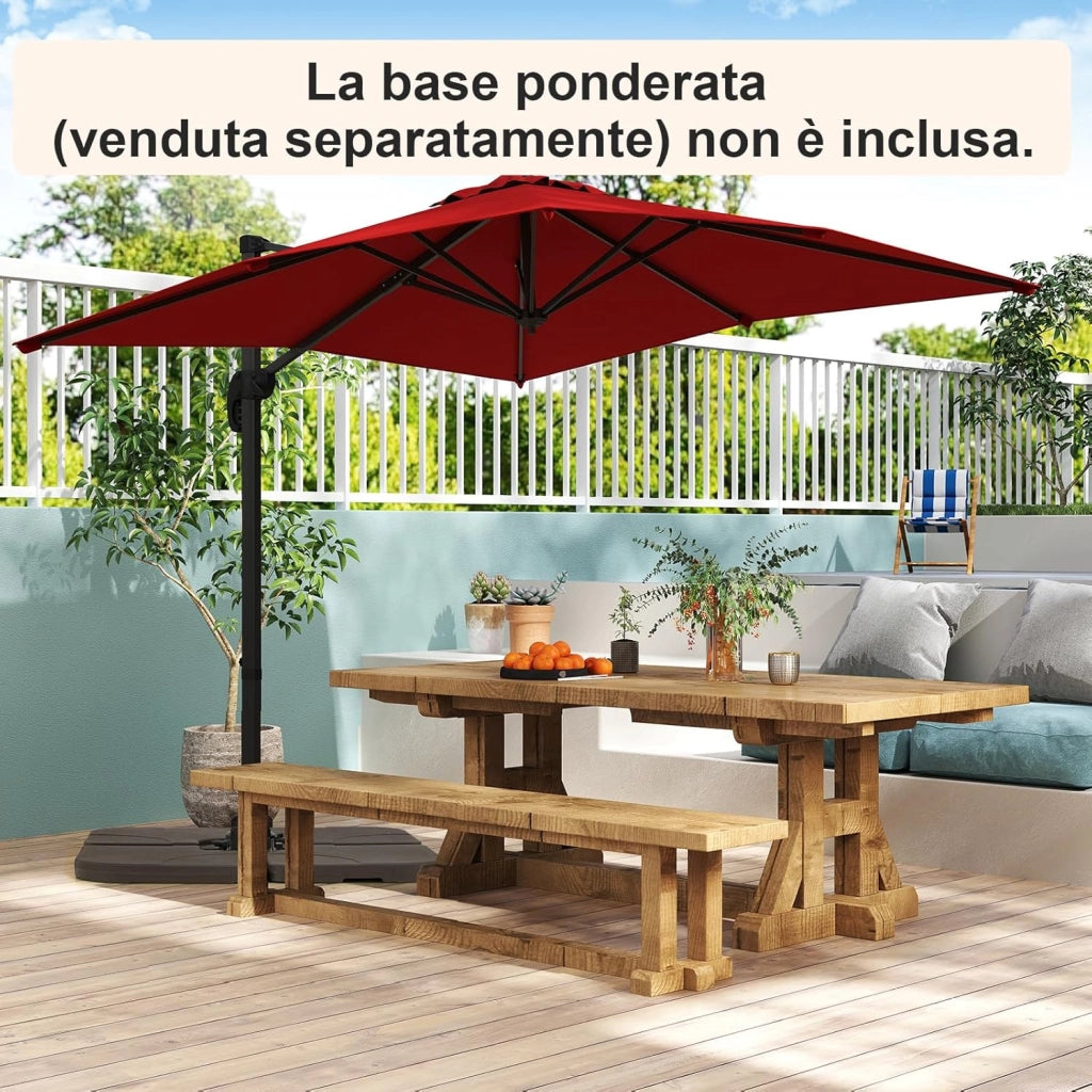 Ombrellone da Giardino 245 cm con Base, Ombrellone da Esterno Rotante a 360°, 5 Posizioni di Inclinazione Regolabili, 8 Stecche, Manovella, Palo in Alluminio, per Giardino Patio (Rosso)
