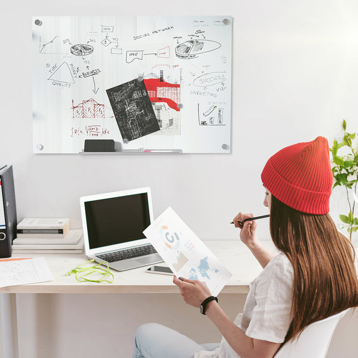 Lavagna Bianca 90x60x0,4 cm con 4 Pennarelli Colorati e Cancellino in Vetro e Alluminio Satinata