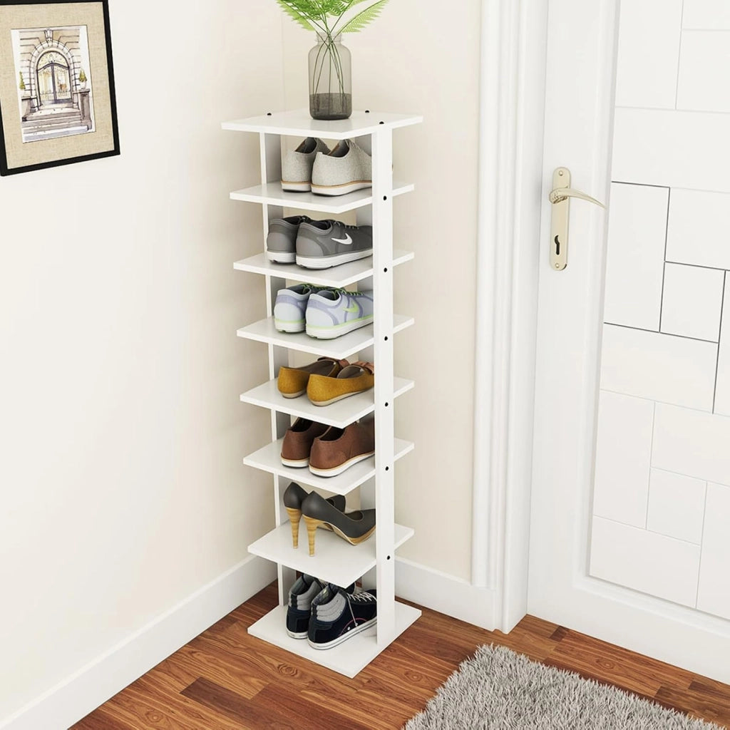 Scarpiera a 7 Ripiani, Scaffale Portascarpe in Legno con 2 Ripiani di Diverse Altezze, Scaffale Portaoggetti Multifunzione per Ingresso Soggiorno Camera da Letto, 28,5x25,5x110 cm (Bianco)