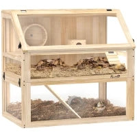 Gabbia per criceti a 3 livelli con fondo removibile e altalena, 80x50x76 cm, Legno naturale