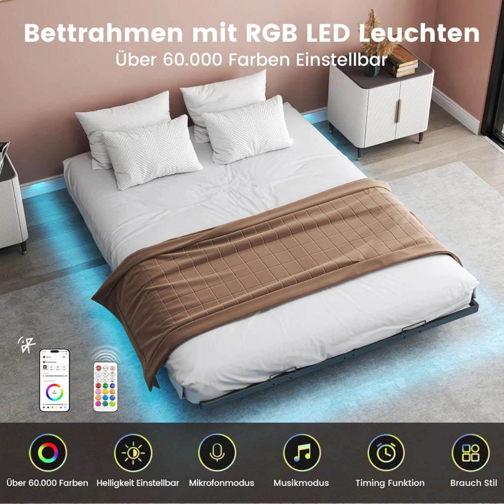 Telaio letto in metallo, letto per gli ospiti, struttura in metallo, con LED e prese, letto per ragazzi 180 x 200, app e telecomando, struttura stabile con rete a doghe