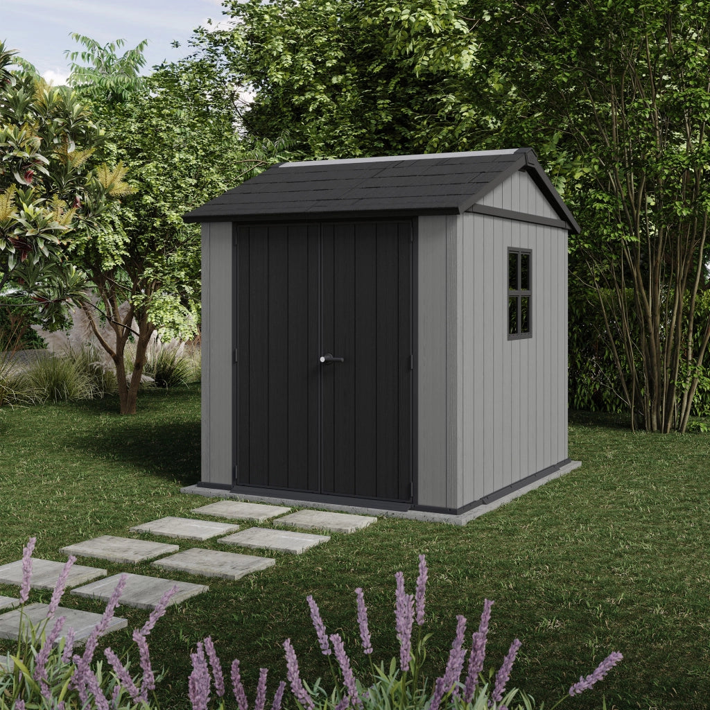 Newton + 757/775 - Casetta da Giardino 223x246x230 cm 2 Ante per deposito attrezzi finitura effetto legno Evotech+ in Resina Grigio e Nero
