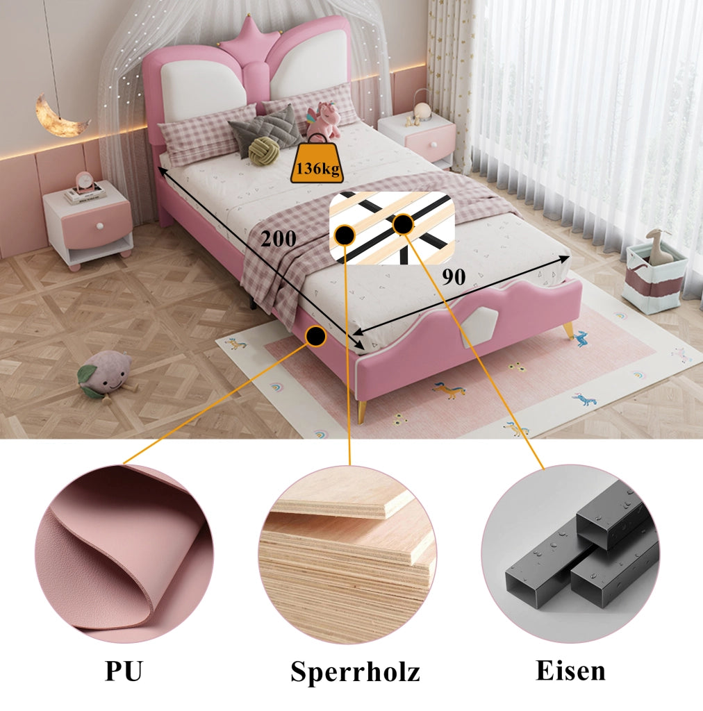 Letto imbottito per bambini 90x200 cm con testiera a corona; PU; rosa e bianco
