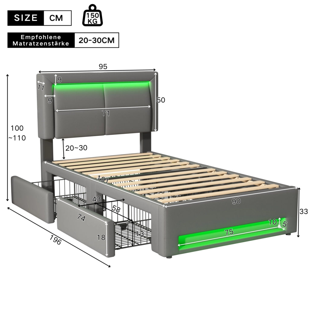 Letto imbottito 90x190 cm con USB; LED e 4 cassetti; PU grigio
