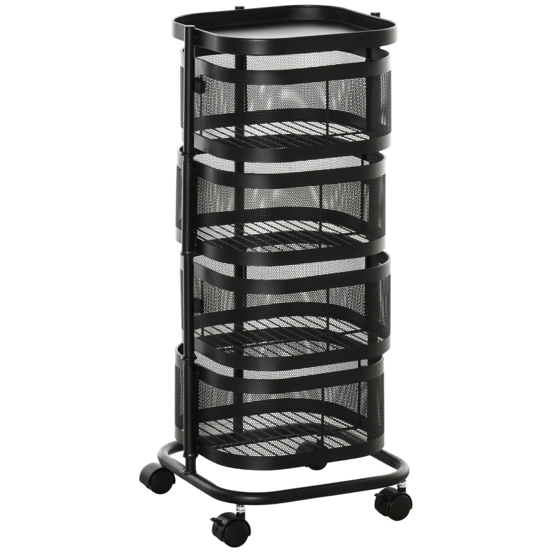 Carrello da cucina con 4 cestelli e ripiano superiore, ruote girevoli, per cucina e camera da letto, nero, 33 × 33 × 77 cm
