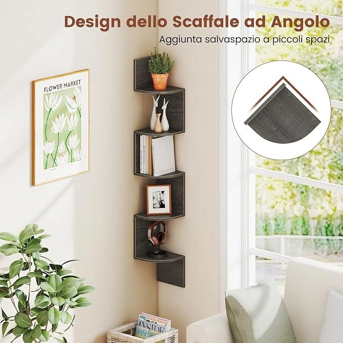 Scaffale Angolare a 5 Livelli, Scaffale Sospeso a Muro, Organizzatore di Stoccaggio a Parete, Espositore in Legno per Soggiorno Camera da Letto e Cucina, 20 x 20 x 126 cm (Grigio)