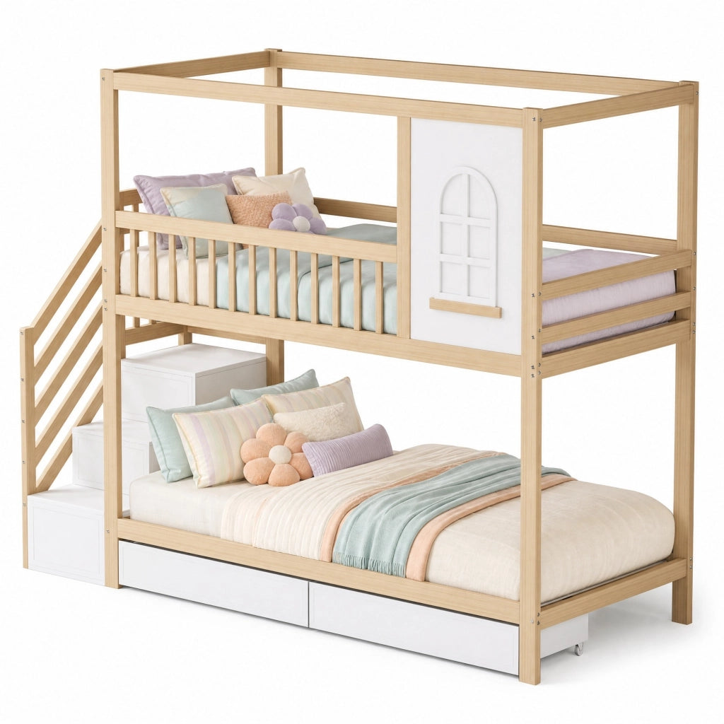 Letto a castello 90 x 200 cm in legno con cassetti e scala