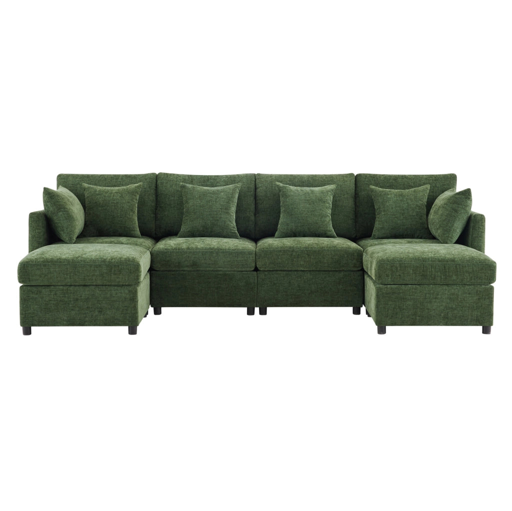 Divano modulare 4-6 posti 278x161 cm in chenille verde con 2 pouf e 6 cuscini HOMVRA