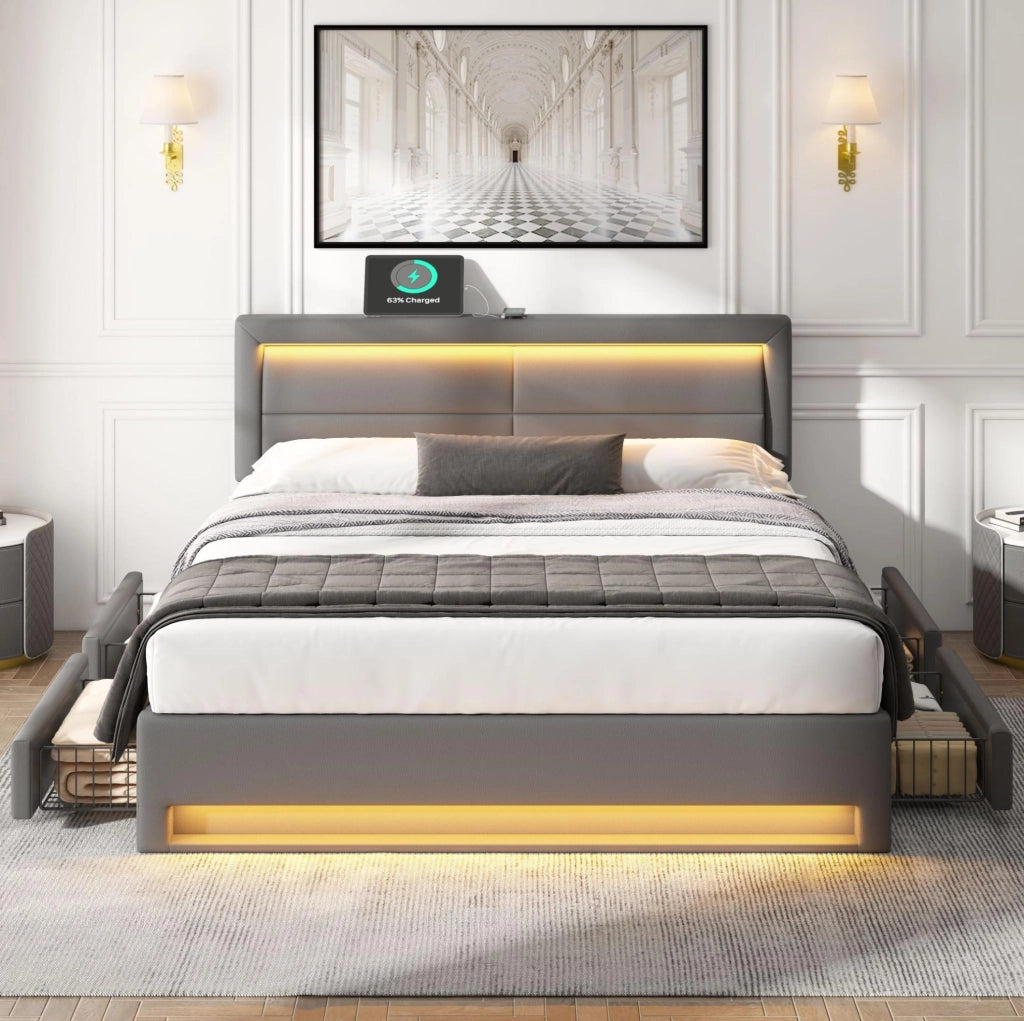 Letto imbottito 140x200 cm con USB; LED e 4 cassetti in PU grigio