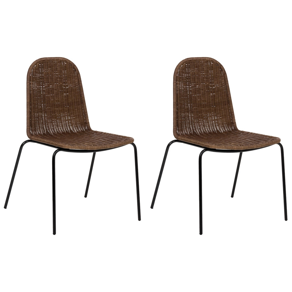 Set di 2 sedie da pranzo con seduta e schienale in rattan marrone scuro e gambe in ferro, senza braccioli
