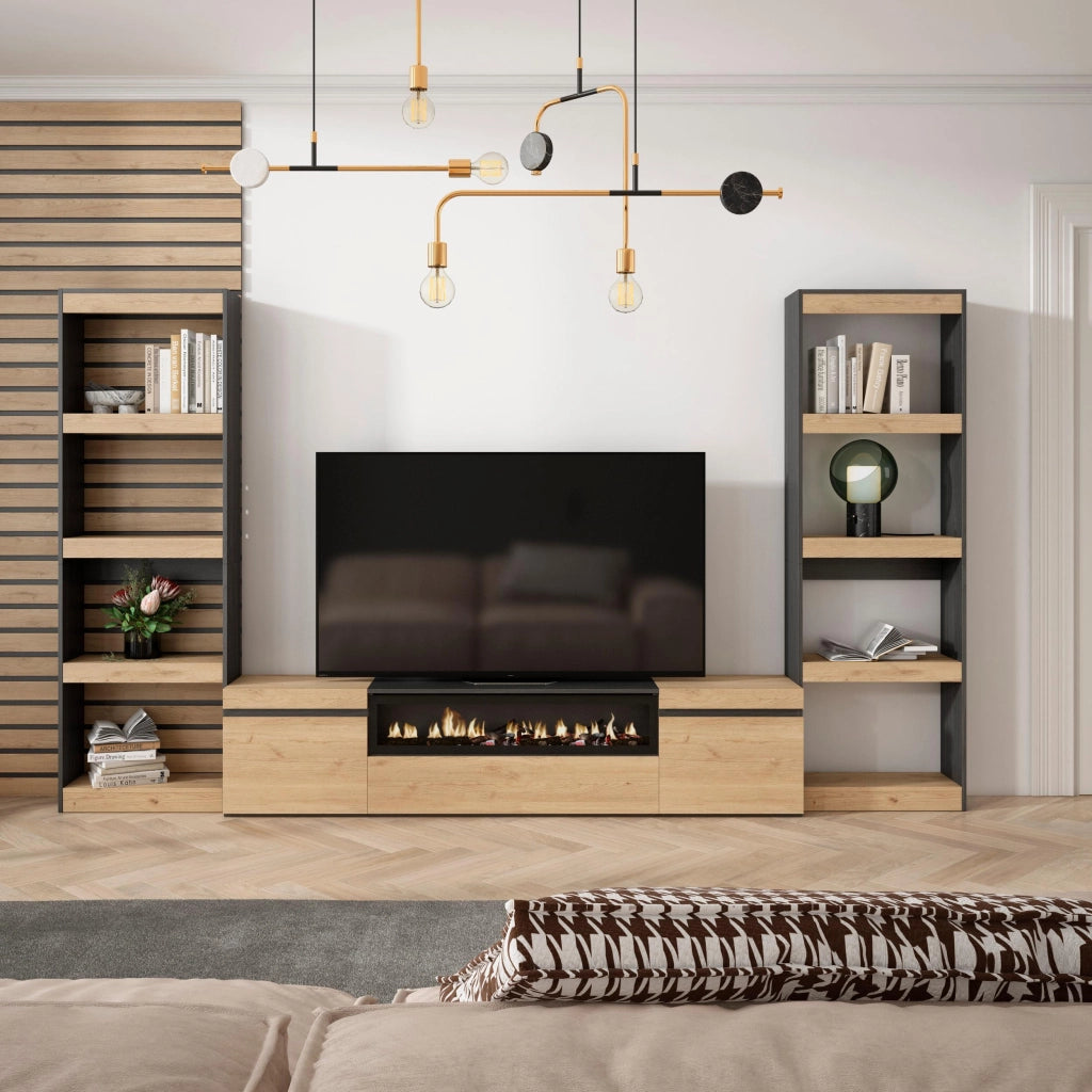 Mobile TV, Soggiorno, 320x35x186cm, Per TV fino a 80", Camino elettrico, colore Rovere e nero RF2604