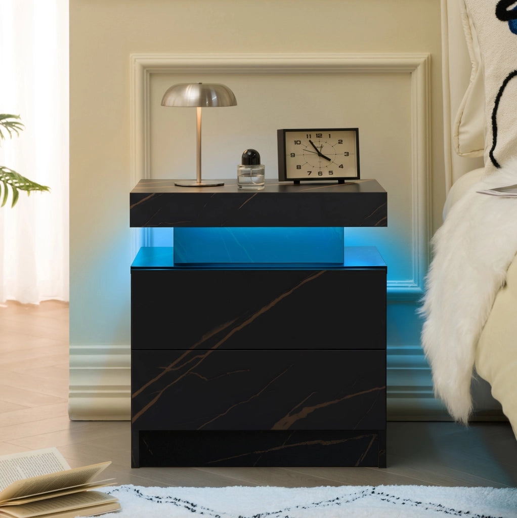 Comodino moderno con luci LED regolabili, 2 cassetti, nero e oro