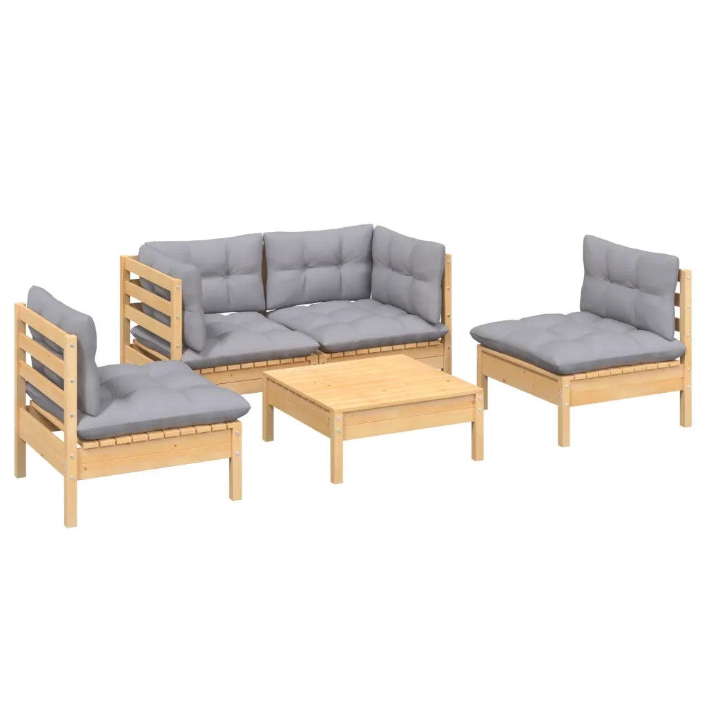 Set Divani da Giardino 5 pz con Cuscini Grigi Massello di Pino 3096177