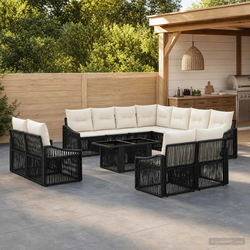 Set Divano da Giardino 12 pz Nero e Bianco Crema polyrattan 3437329