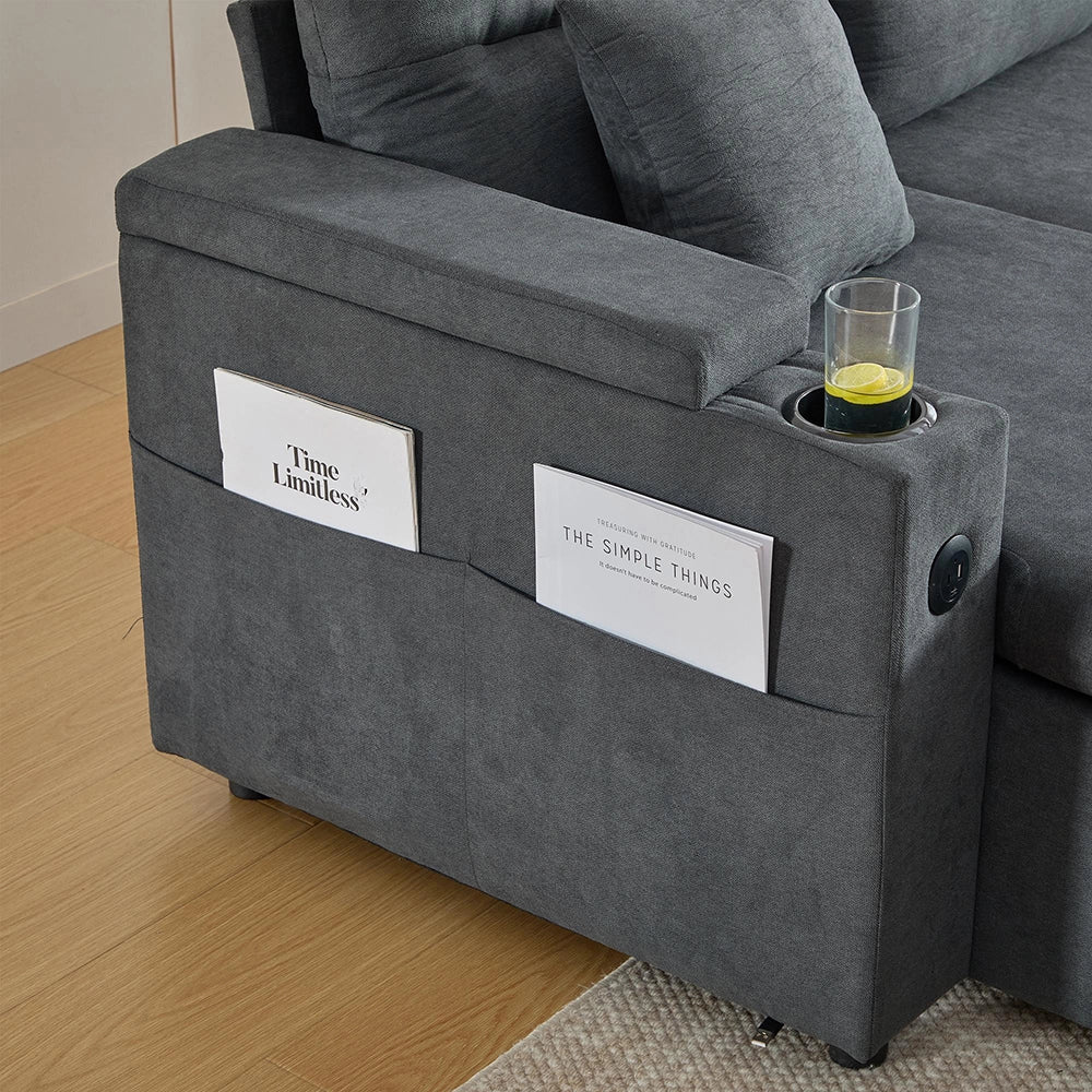Canap¨¦ moderno per 4 persone - Xylo - Grigio scuro, con chaise longue, spazio di stoccaggio, porta-bicchieri e USB