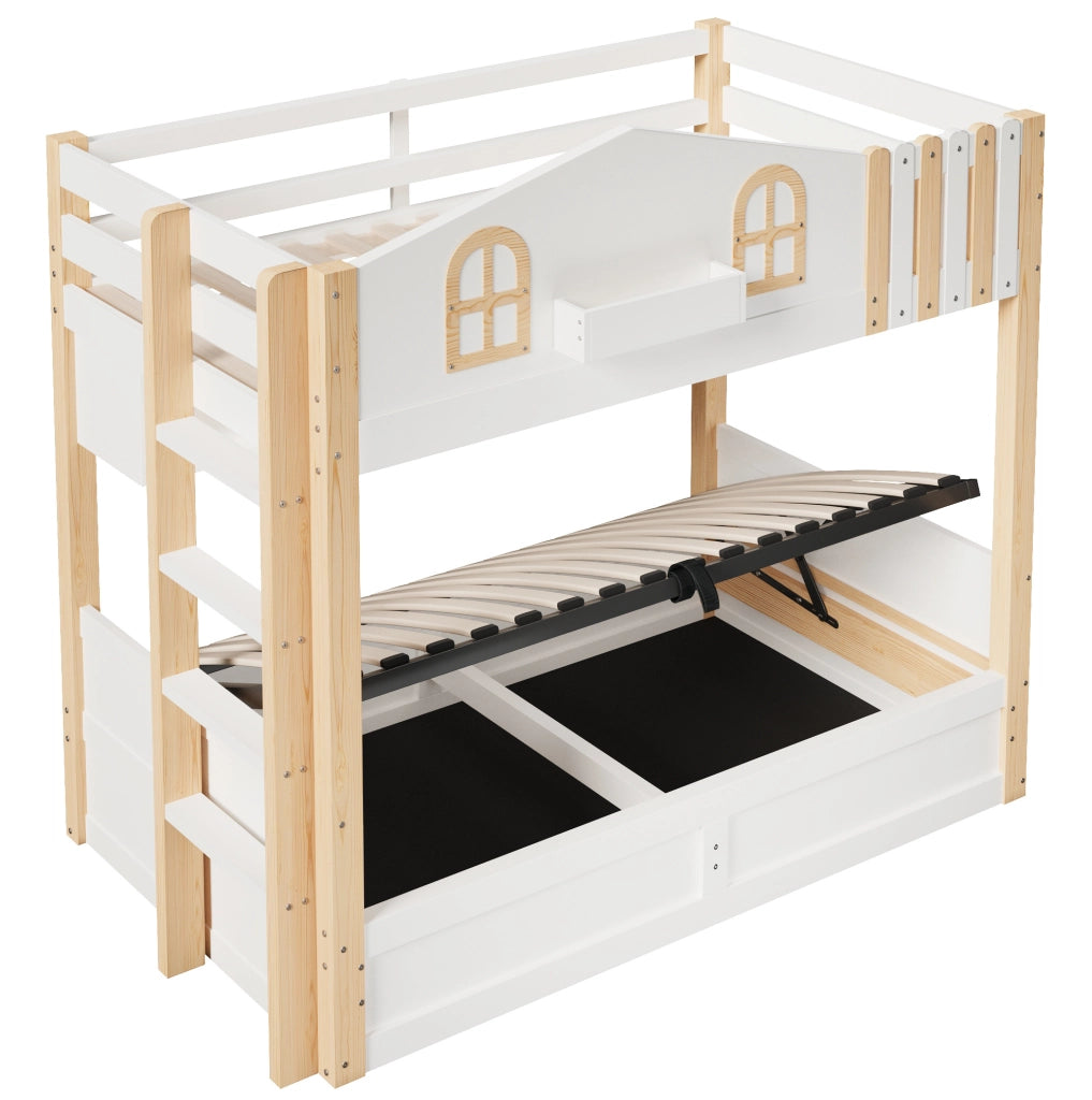 Letto a castello 213.5x103.5x162 cm con contenitore idraulico; LED; legno; bianco e naturale