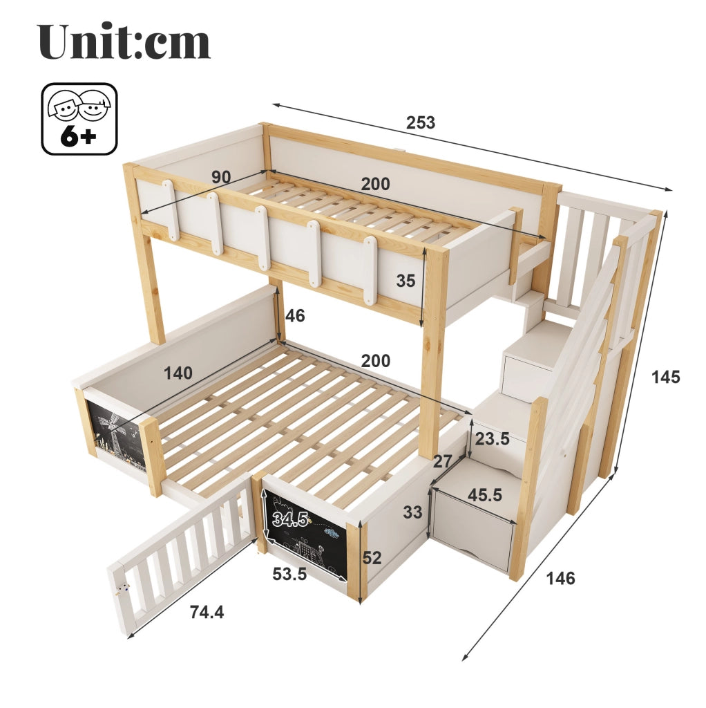 Letto a castello 90x200 e 140x200 cm in legno massello, MDF e compensato bianco
