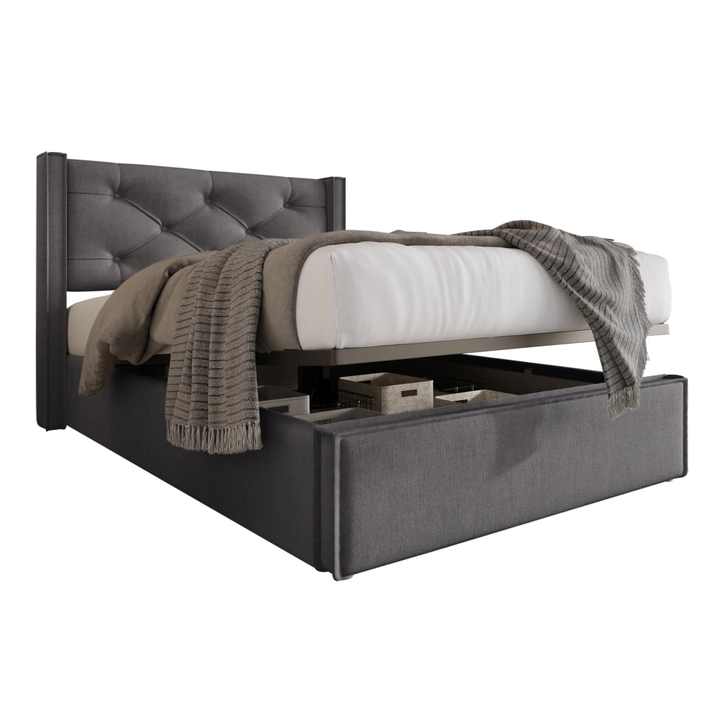 OKWISH Letto Contenitore 90×200 cm, Letto Singolo con Contenitore, Testiera Imbottita e Doghe in Legno, senza Materasso, Grigio