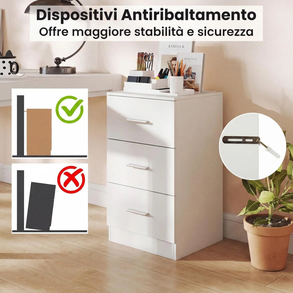 Comodino Camera da Letto 37 x 34 x 66,5cm, Cassettiera in Legno Moderno con 3 Cassetti, Mobile Salvaspazio per Soggiorno, Ufficio e Camerretta (1,Bianco Legno)
