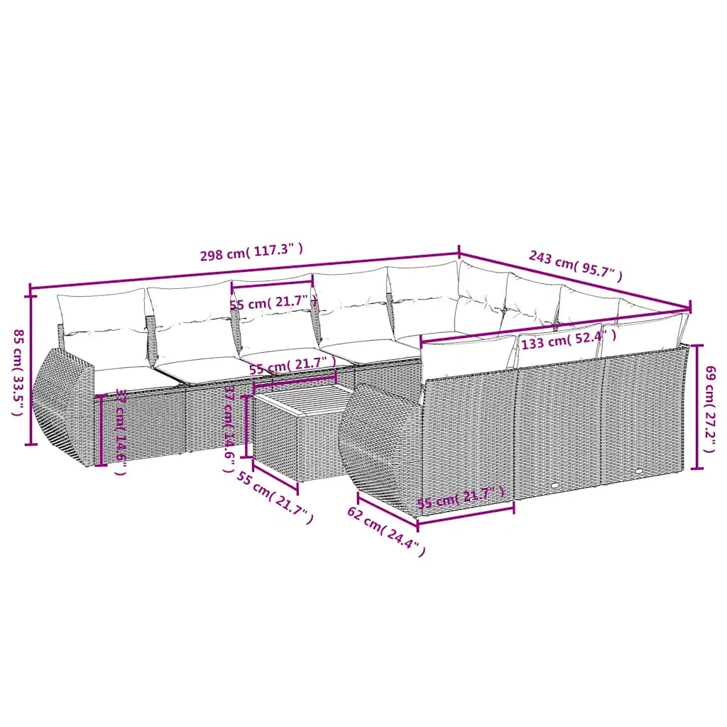 Set Divani da Giardino 11 pz con Cuscini Nero in Polyrattan 3225182