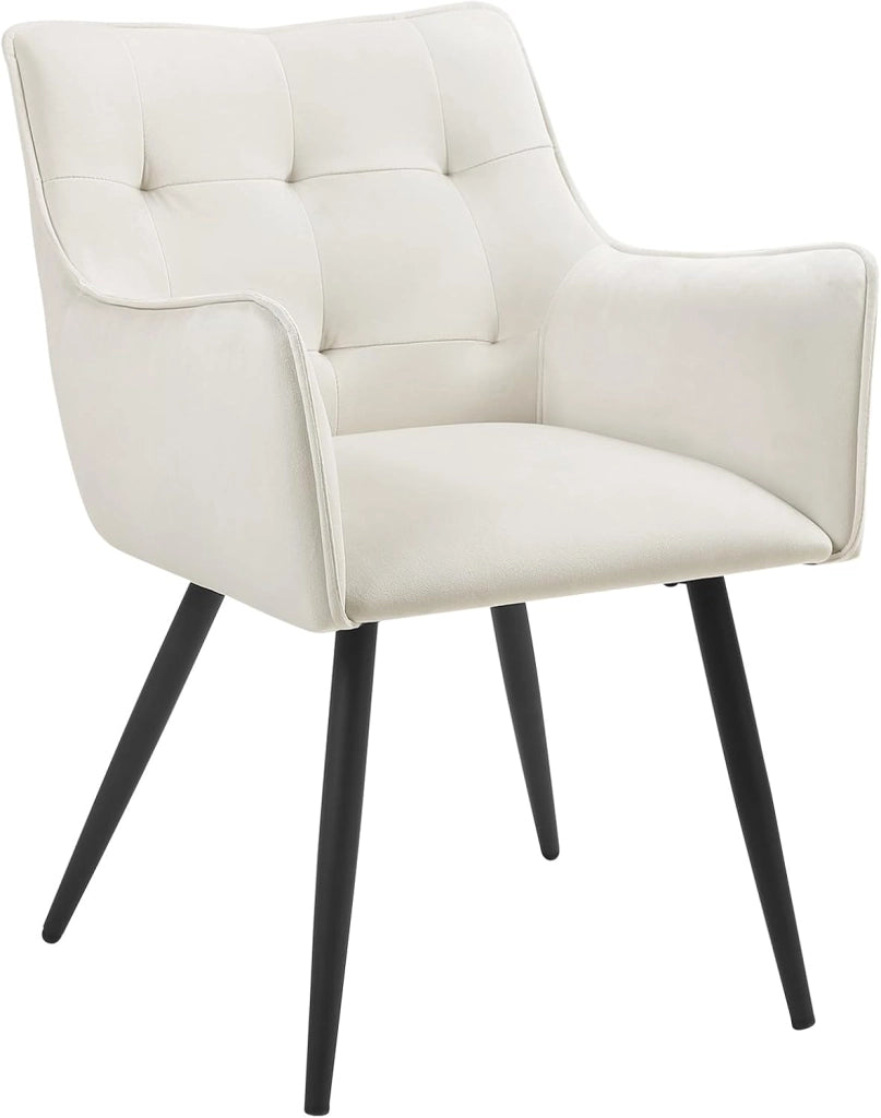 Sedia da Pranzo Moderna, Sedia da Cucina con Schienale e Braccioli, Poltroncina Imbottita con Gambe in Metallo, per Salotto, Ufficio e Cameretta, in Velluto, Crema, BH374cm-1