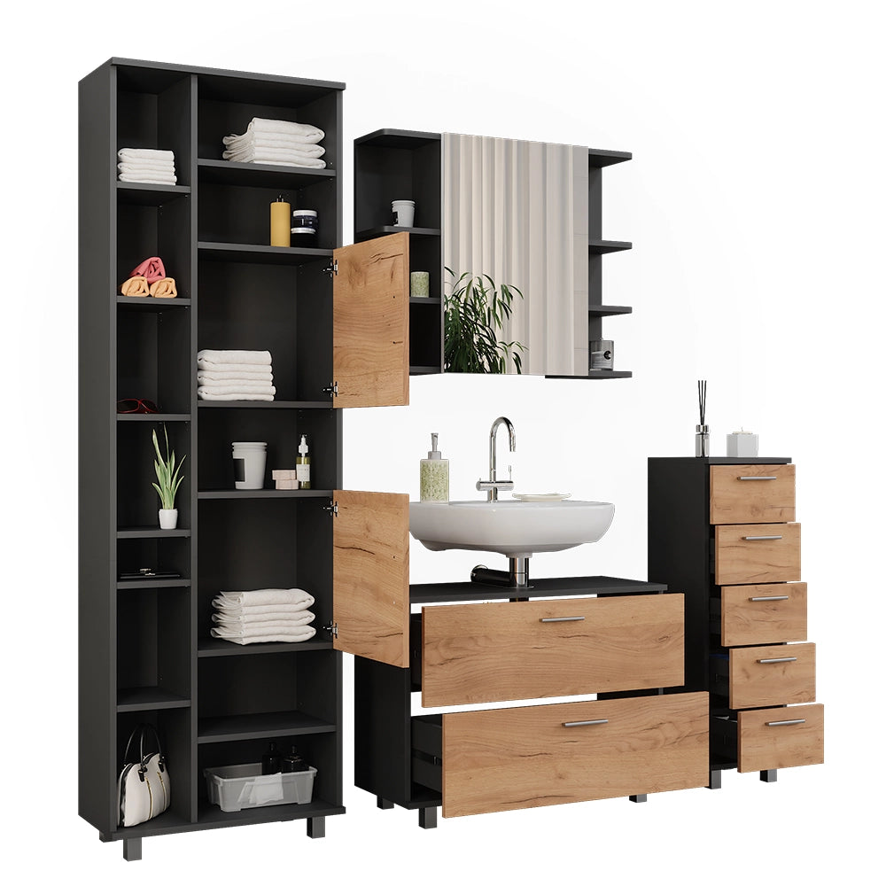 Vicco Set di mobili da bagno Quercia dorata/antracite 4 pezzi, con colonna