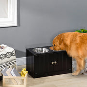 Scaffale per cani rialzato con 2 ciotole in acciaio inox e vano da 44 l con ante magnetiche in legno nero per grandi cani